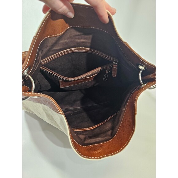 VINTAGE Lands' End XL Off-White Saddle Tote Shoulder Bag Leather Canvas Purse - Picture 8 of 11